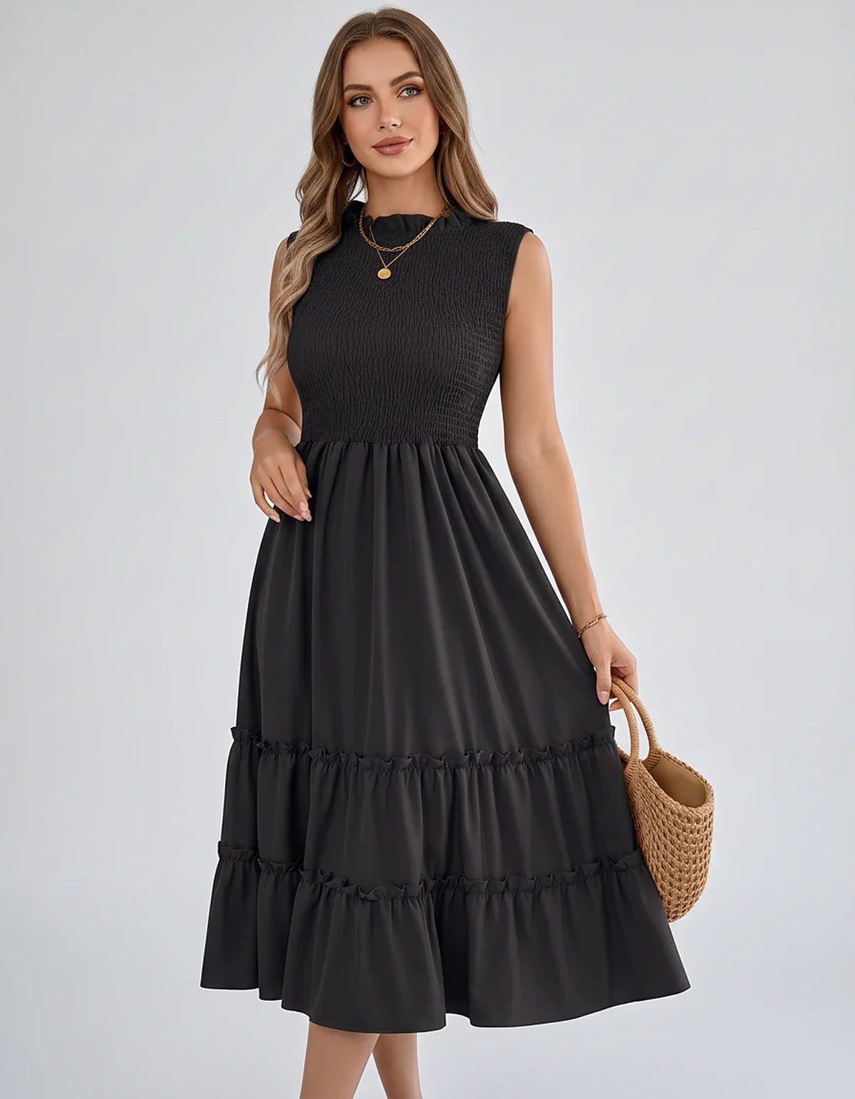 Polyester Blend Sleeveless O-Neck A-Line Midi Dress for Party, Cocktail, Evening, Wedding Guest, Vacation & Summer Events, fr | SKU: SD-583947261840715-BLACK-L,SD-583947261840715-BLACK-M,SD-583947261840715-BLACK-S,SD-583947261840715-BLACK-XL,SD-583947261840715-BLACK-XS