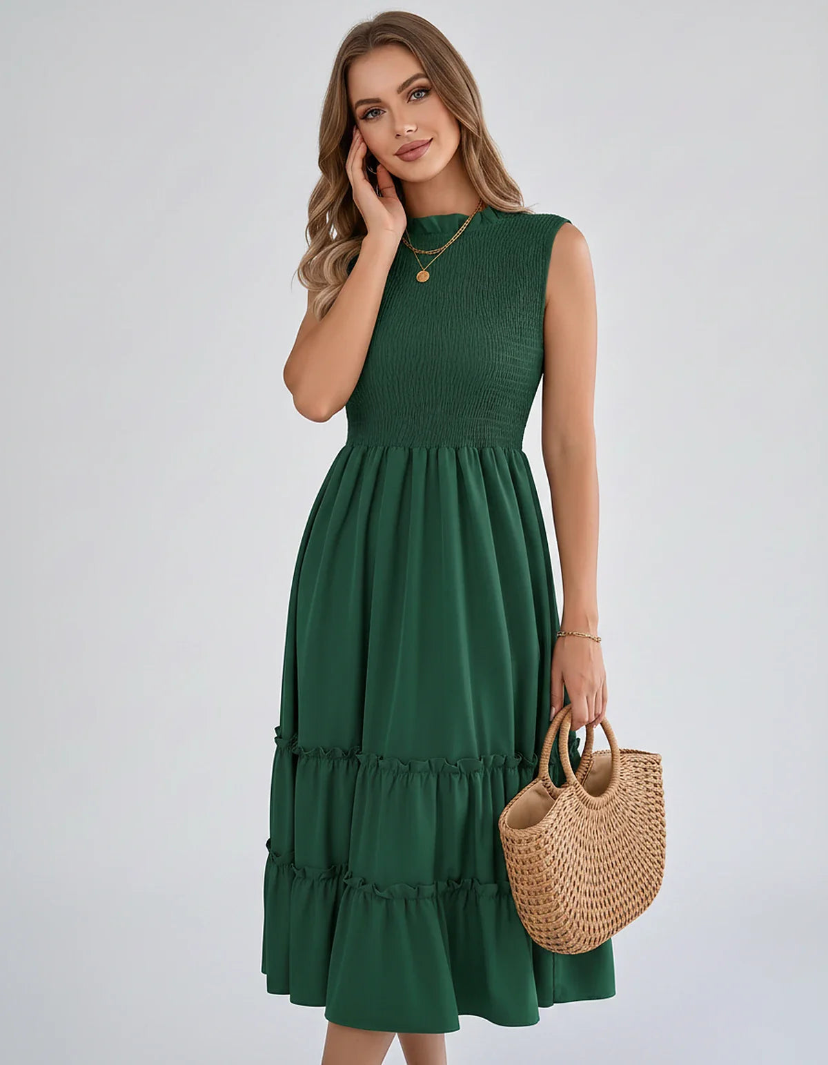 Polyester Blend Sleeveless O-Neck A-Line Midi Dress for Party, Cocktail, Evening, Wedding Guest, Vacation & Summer Events, fr | SKU: SD-583947261840715-GREEN-L,SD-583947261840715-GREEN-M,SD-583947261840715-GREEN-S,SD-583947261840715-GREEN-XL,SD-583947261840715-GREEN-XS