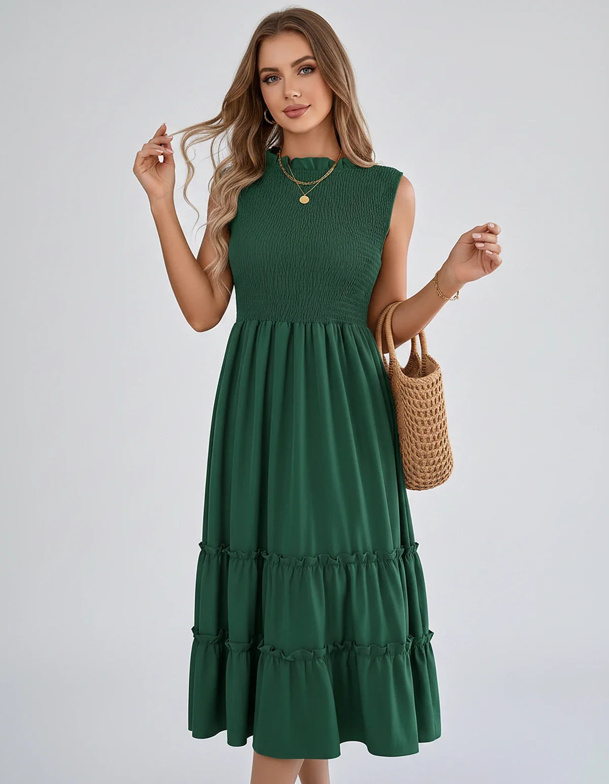 Polyester Blend Sleeveless O-Neck A-Line Midi Dress for Party, Cocktail, Evening, Wedding Guest, Vacation & Summer Events, fr | SKU: SD-583947261840715-GREEN-L,SD-583947261840715-GREEN-M,SD-583947261840715-GREEN-S,SD-583947261840715-GREEN-XL,SD-583947261840715-GREEN-XS