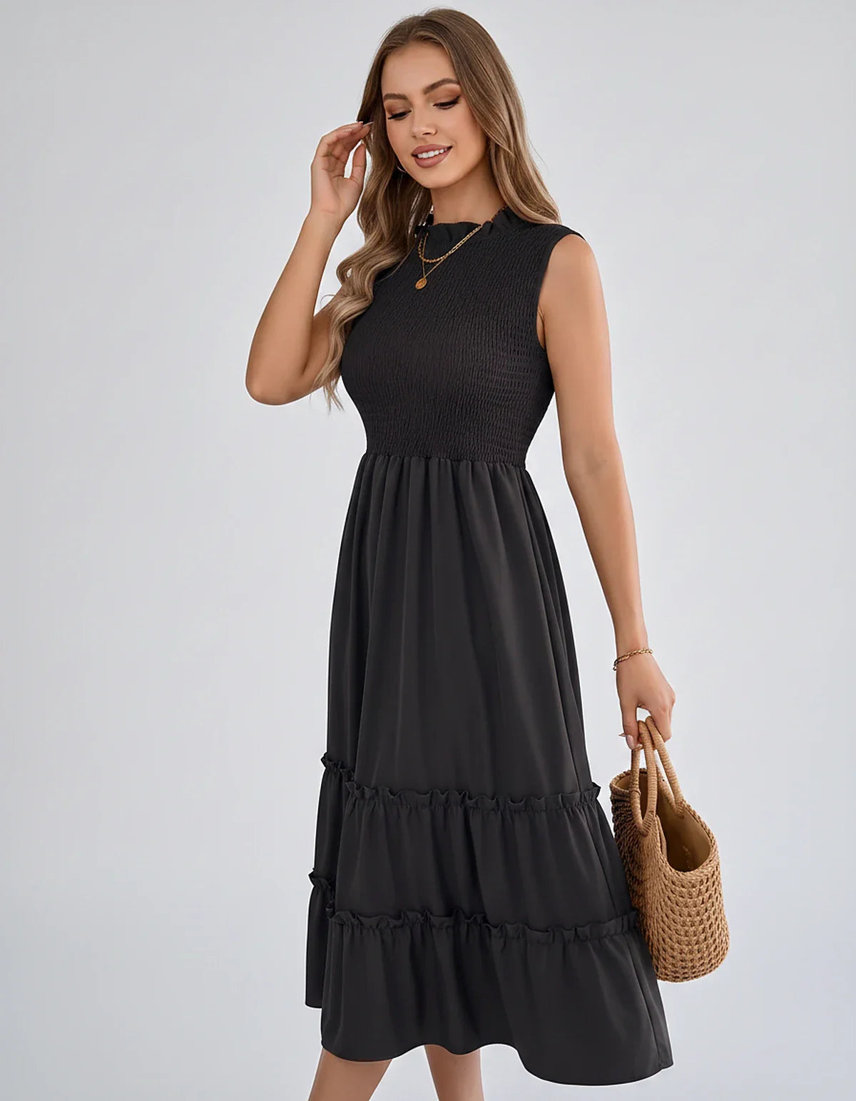 Polyester Blend Sleeveless O-Neck A-Line Midi Dress for Party, Cocktail, Evening, Wedding Guest, Vacation & Summer Events, fr | SKU: SD-583947261840715-BLACK-L,SD-583947261840715-BLACK-M,SD-583947261840715-BLACK-S,SD-583947261840715-BLACK-XL,SD-583947261840715-BLACK-XS