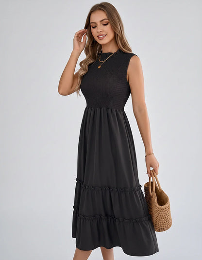Polyester Blend Sleeveless O-Neck A-Line Midi Dress for Party, Cocktail, Evening, Wedding Guest, Vacation & Summer Events, fr | SKU: SD-583947261840715-BLACK-L,SD-583947261840715-BLACK-M,SD-583947261840715-BLACK-S,SD-583947261840715-BLACK-XL,SD-583947261840715-BLACK-XS