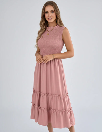 Polyester Blend Sleeveless O-Neck A-Line Midi Dress for Party, Cocktail, Evening, Wedding Guest, Vacation & Summer Events, fr | SKU: SD-583947261840715-PINK-L,SD-583947261840715-PINK-M,SD-583947261840715-PINK-S,SD-583947261840715-PINK-XL,SD-583947261840715-PINK-XS