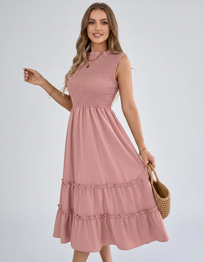 Polyester Blend Sleeveless O-Neck A-Line Midi Dress for Party, Cocktail, Evening, Wedding Guest, Vacation & Summer Events, fr | SKU: SD-583947261840715-PINK-L,SD-583947261840715-PINK-M,SD-583947261840715-PINK-S,SD-583947261840715-PINK-XL,SD-583947261840715-PINK-XS