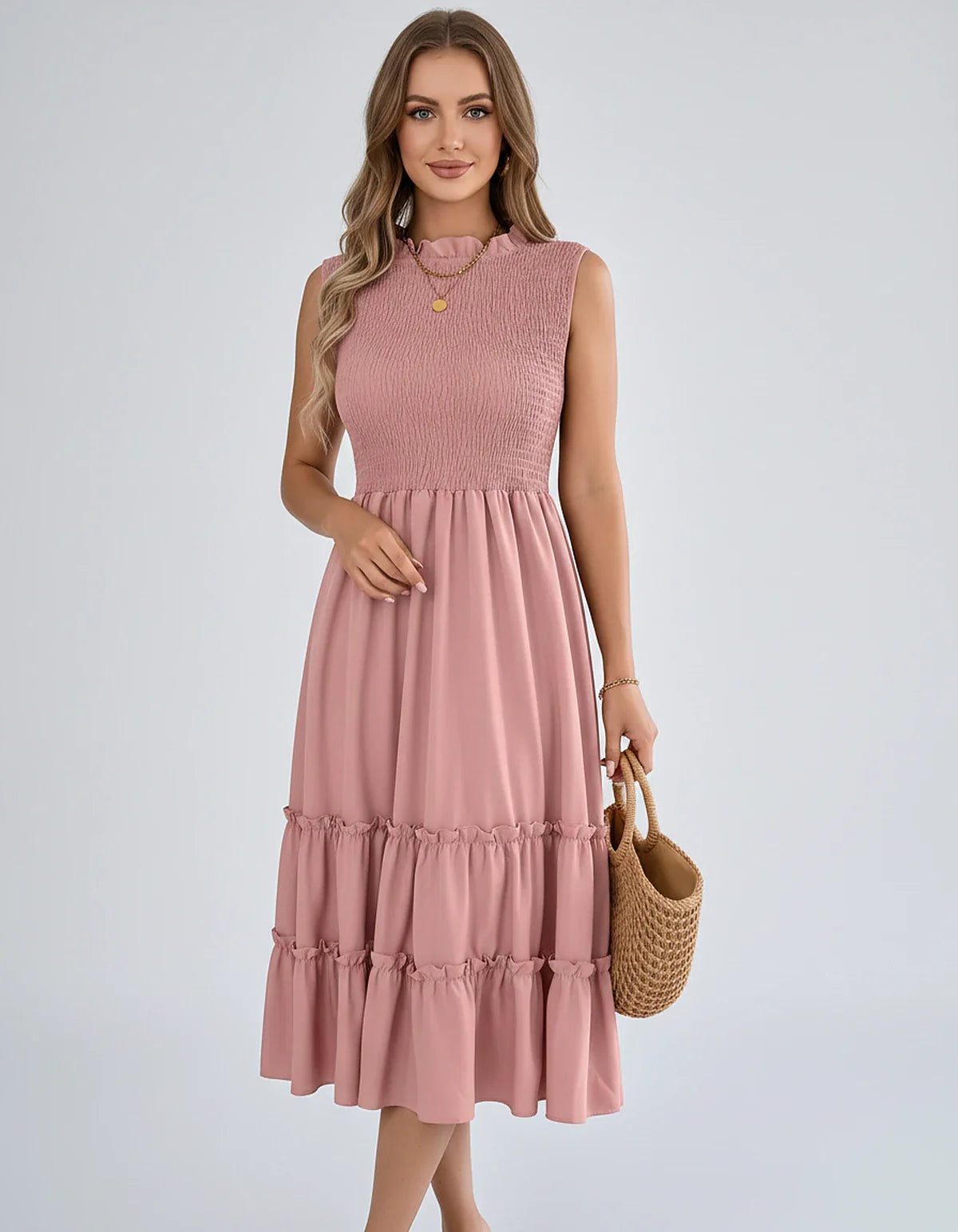 Polyester Blend Sleeveless O-Neck A-Line Midi Dress for Party, Cocktail, Evening, Wedding Guest, Vacation & Summer Events, fr | SKU: SD-583947261840715-PINK-L,SD-583947261840715-PINK-M,SD-583947261840715-PINK-S,SD-583947261840715-PINK-XL,SD-583947261840715-PINK-XS