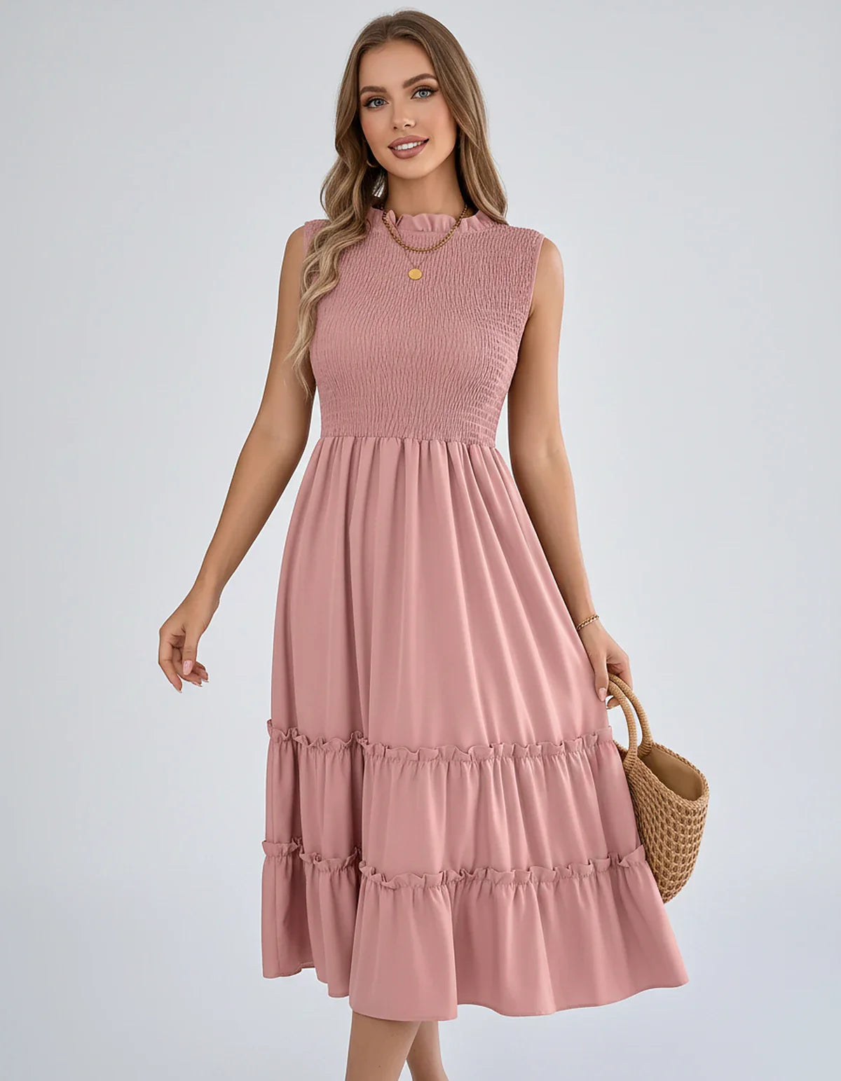 Polyester Blend Sleeveless O-Neck A-Line Midi Dress for Party, Cocktail, Evening, Wedding Guest, Vacation & Summer Events, fr | SKU: SD-583947261840715-PINK-L,SD-583947261840715-PINK-M,SD-583947261840715-PINK-S,SD-583947261840715-PINK-XL,SD-583947261840715-PINK-XS