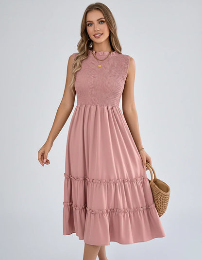 Polyester Blend Sleeveless O-Neck A-Line Midi Dress for Party, Cocktail, Evening, Wedding Guest, Vacation & Summer Events, fr | SKU: SD-583947261840715-PINK-L,SD-583947261840715-PINK-M,SD-583947261840715-PINK-S,SD-583947261840715-PINK-XL,SD-583947261840715-PINK-XS