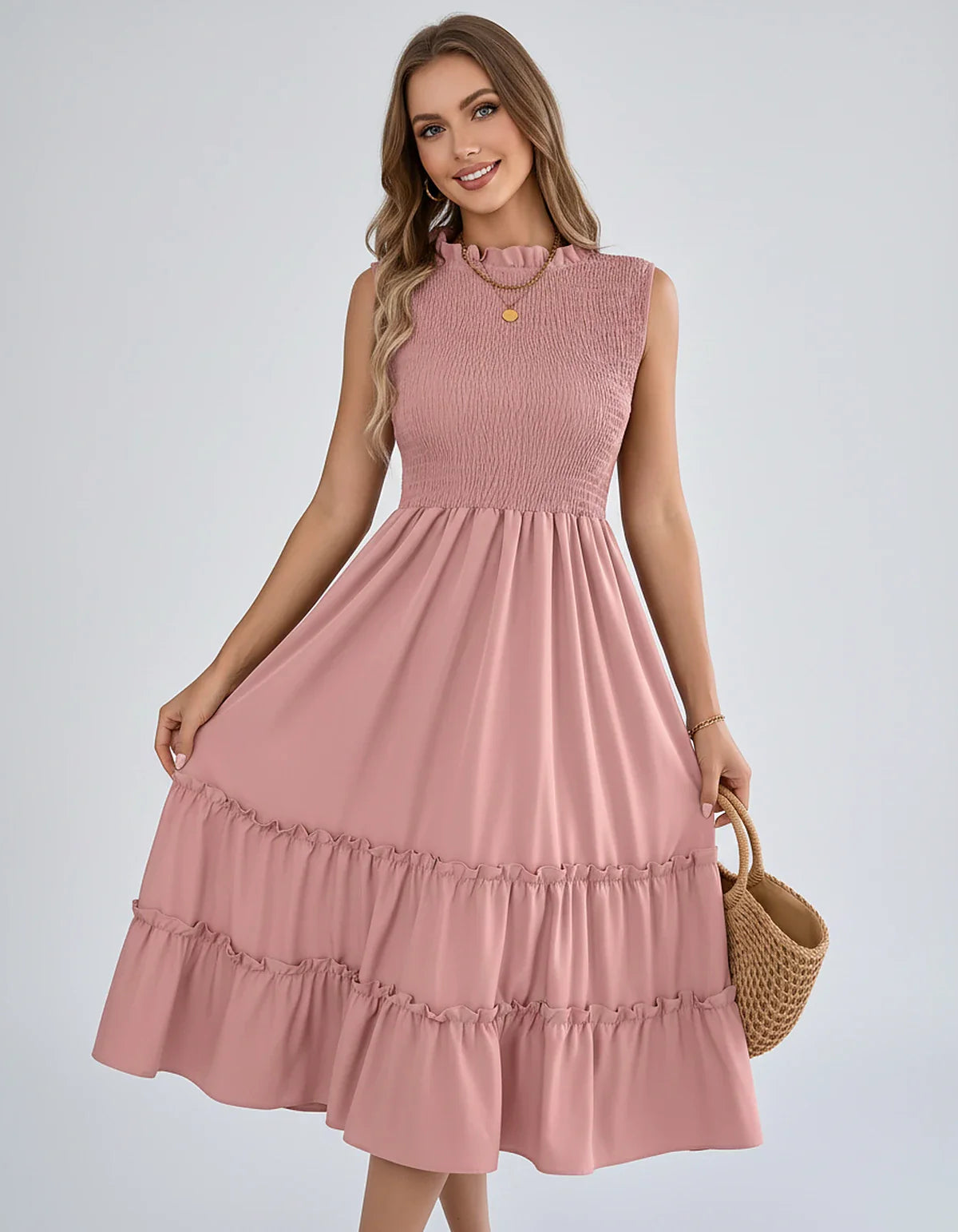 Polyester Blend Sleeveless O-Neck A-Line Midi Dress for Party, Cocktail, Evening, Wedding Guest, Vacation & Summer Events, fr | SKU: SD-583947261840715-PINK-L,SD-583947261840715-PINK-M,SD-583947261840715-PINK-S,SD-583947261840715-PINK-XL,SD-583947261840715-PINK-XS