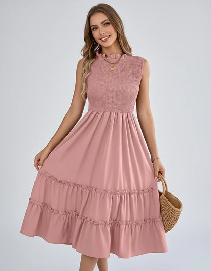 Polyester Blend Sleeveless O-Neck A-Line Midi Dress for Party, Cocktail, Evening, Wedding Guest, Vacation & Summer Events, fr | SKU: SD-583947261840715-PINK-L,SD-583947261840715-PINK-M,SD-583947261840715-PINK-S,SD-583947261840715-PINK-XL,SD-583947261840715-PINK-XS