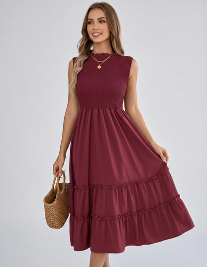 Polyester Blend Sleeveless O-Neck A-Line Midi Dress for Party, Cocktail, Evening, Wedding Guest, Vacation & Summer Events, fr | SKU: SD-583947261840715-CLARET-L,SD-583947261840715-CLARET-M,SD-583947261840715-CLARET-S,SD-583947261840715-CLARET-XL,SD-583947261840715-CLARET-XS