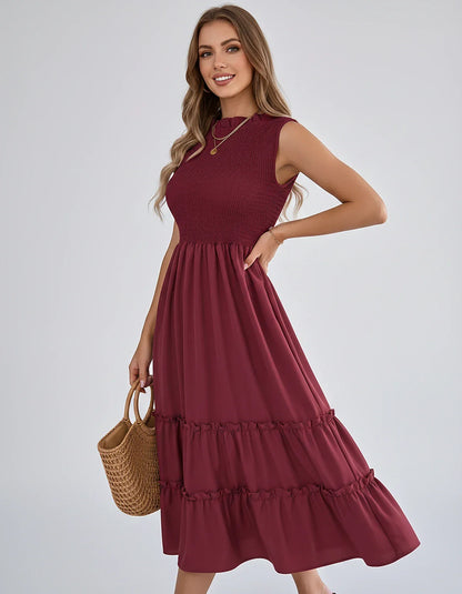 Polyester Blend Sleeveless O-Neck A-Line Midi Dress for Party, Cocktail, Evening, Wedding Guest, Vacation & Summer Events, si | SKU: SD-583947261840715-CLARET-L,SD-583947261840715-CLARET-M,SD-583947261840715-CLARET-S,SD-583947261840715-CLARET-XL,SD-583947261840715-CLARET-XS