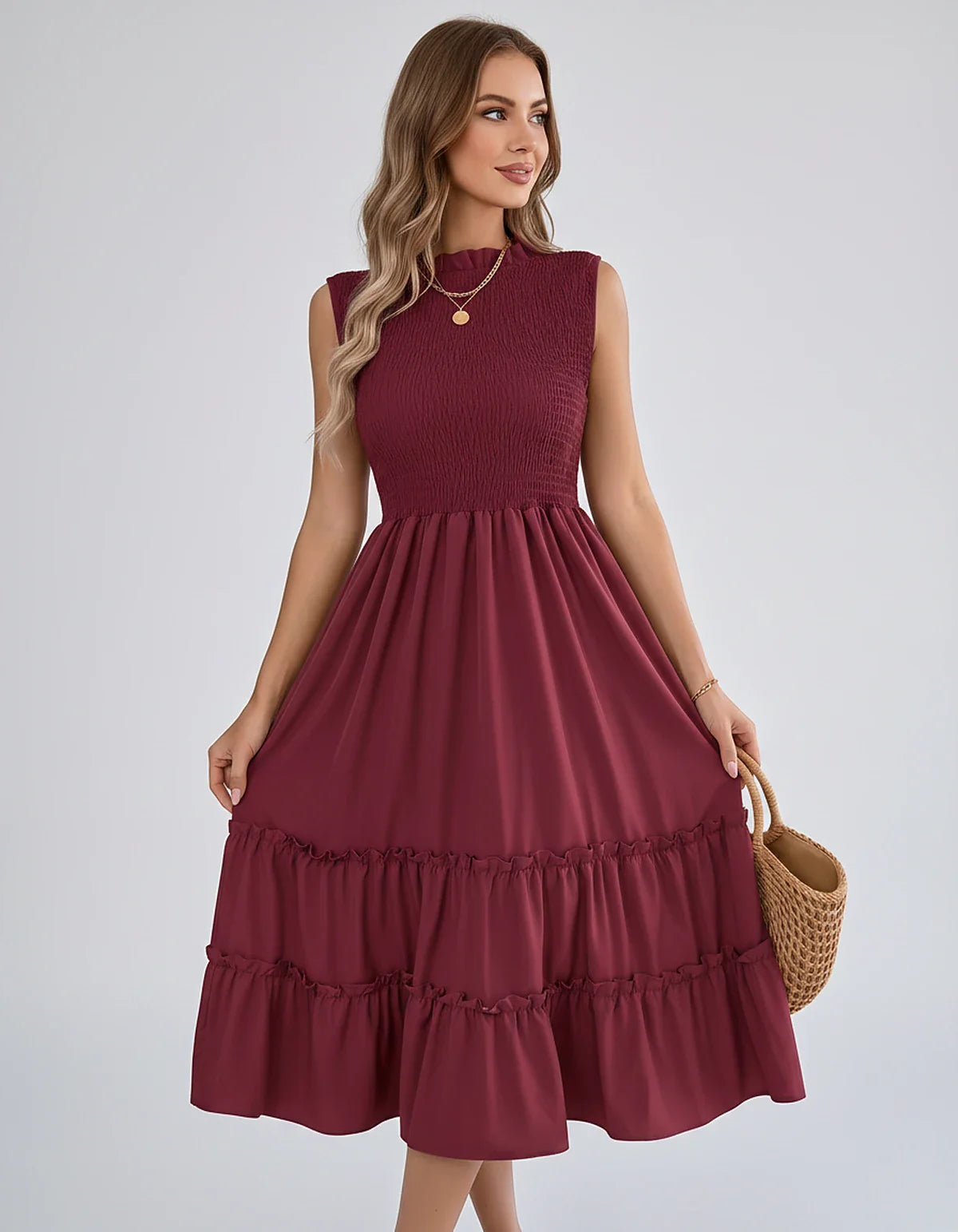 Polyester Blend Sleeveless O-Neck A-Line Midi Dress for Party, Cocktail, Evening, Wedding Guest, Vacation & Summer Events, fr | SKU: SD-583947261840715-CLARET-L,SD-583947261840715-CLARET-M,SD-583947261840715-CLARET-S,SD-583947261840715-CLARET-XL,SD-583947261840715-CLARET-XS