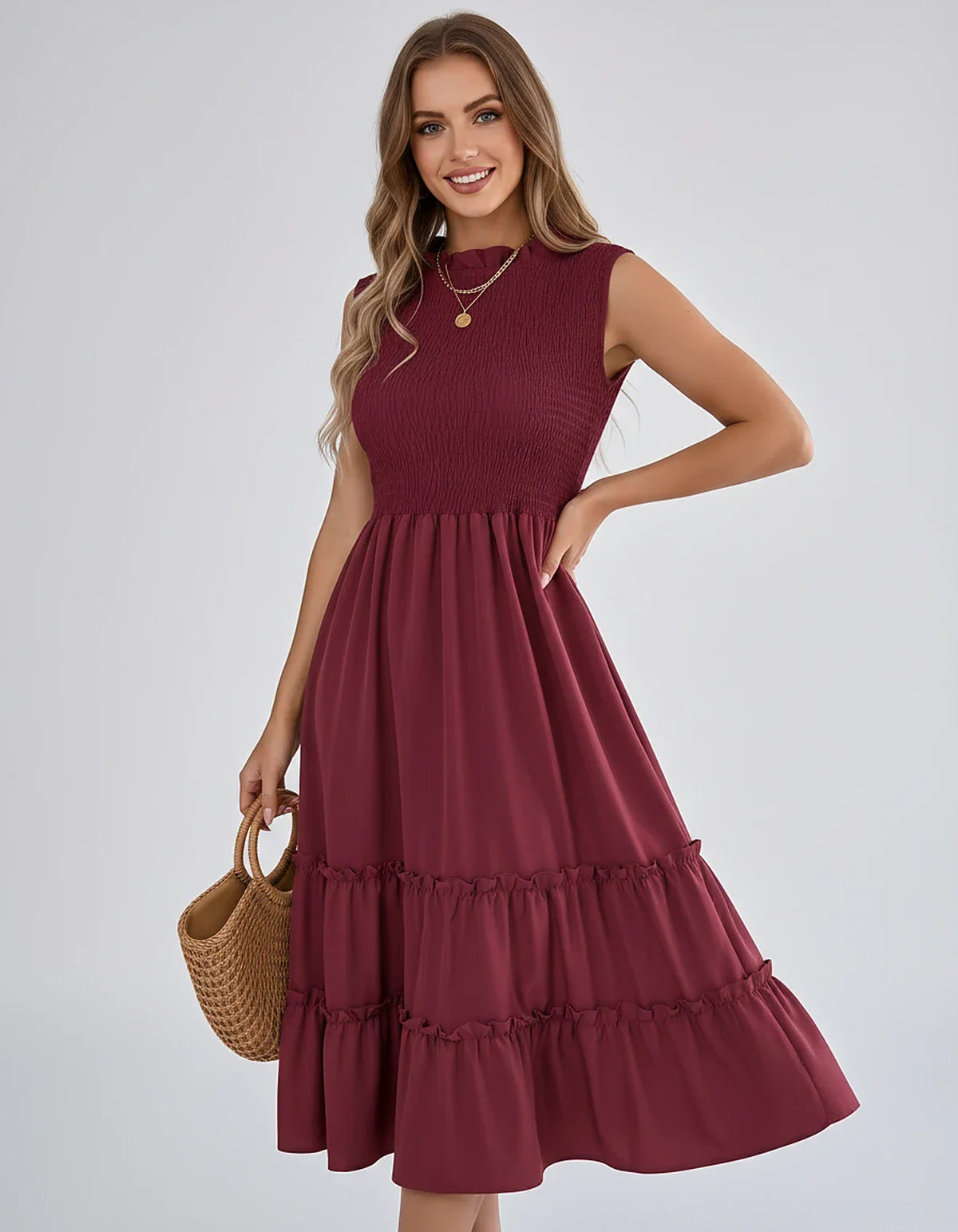 Polyester Blend Sleeveless O-Neck A-Line Midi Dress for Party, Cocktail, Evening, Wedding Guest, Vacation & Summer Events, fr | SKU: SD-583947261840715-CLARET-L,SD-583947261840715-CLARET-M,SD-583947261840715-CLARET-S,SD-583947261840715-CLARET-XL,SD-583947261840715-CLARET-XS