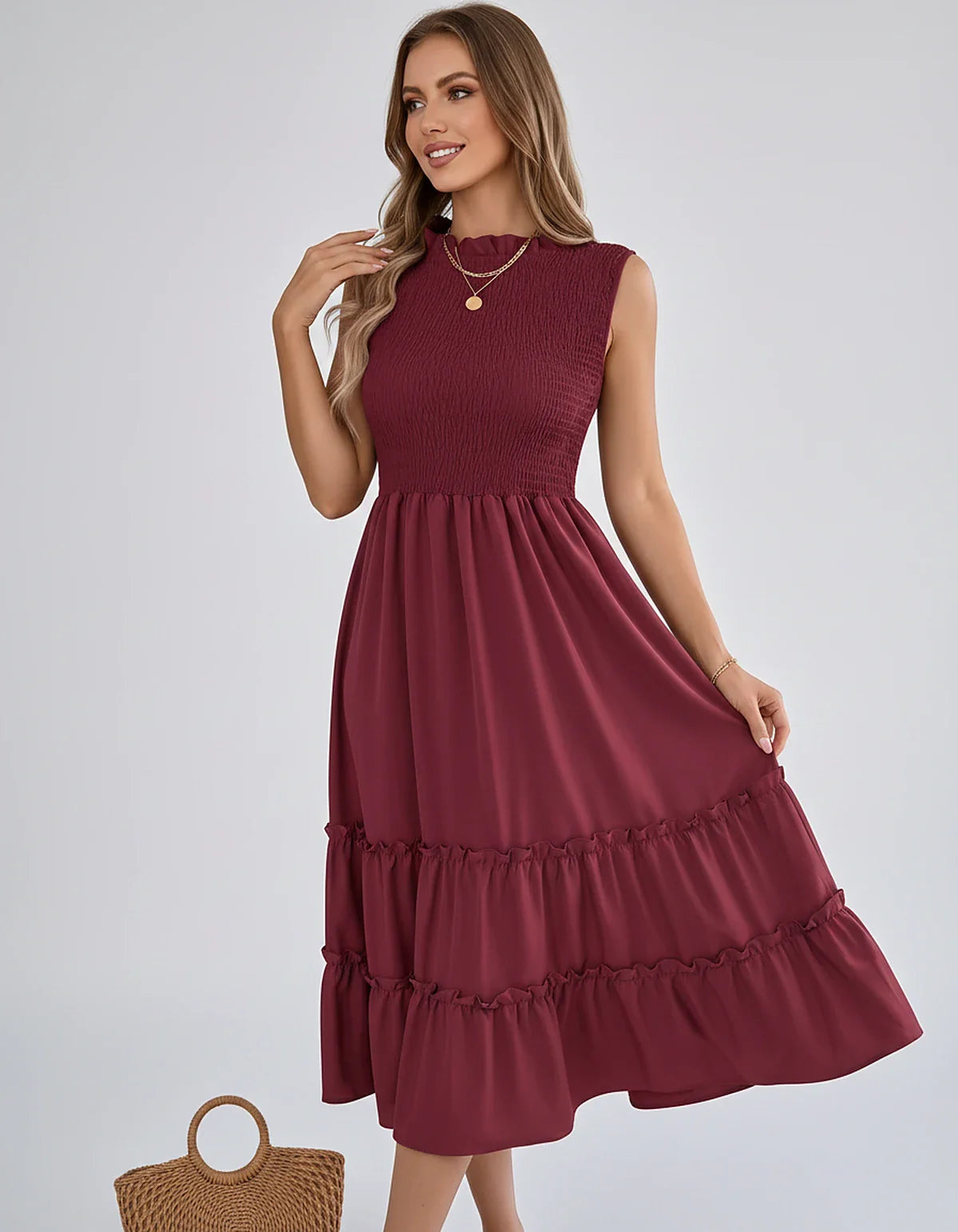 Polyester Blend Sleeveless O-Neck A-Line Midi Dress for Party, Cocktail, Evening, Wedding Guest, Vacation & Summer Events, fr | SKU: SD-583947261840715-CLARET-L,SD-583947261840715-CLARET-M,SD-583947261840715-CLARET-S,SD-583947261840715-CLARET-XL,SD-583947261840715-CLARET-XS