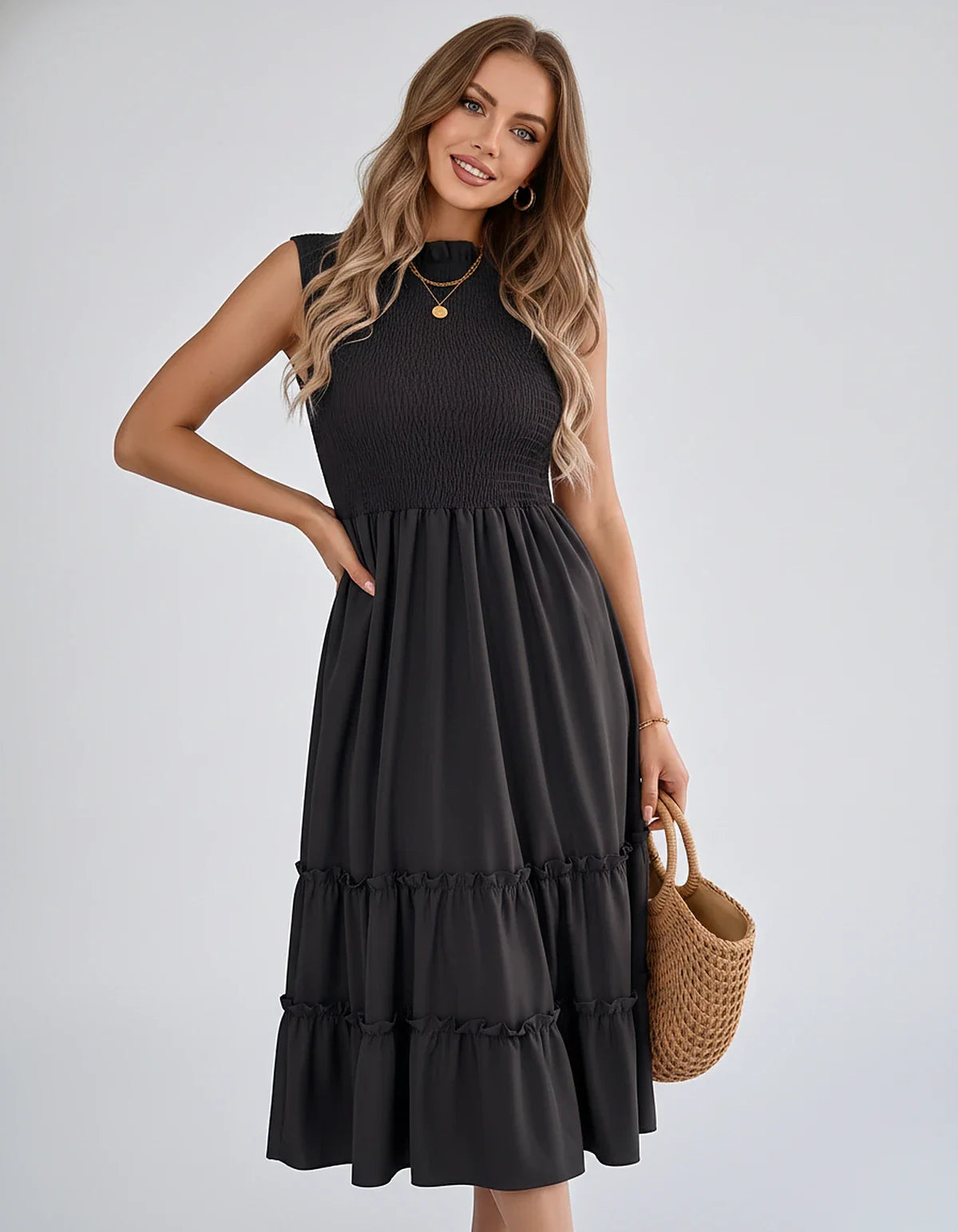 Polyester Blend Sleeveless O-Neck A-Line Midi Dress for Party, Cocktail, Evening, Wedding Guest, Vacation & Summer Events, fr | SKU: SD-583947261840715-BLACK-L,SD-583947261840715-BLACK-M,SD-583947261840715-BLACK-S,SD-583947261840715-BLACK-XL,SD-583947261840715-BLACK-XS