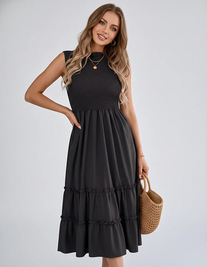 Polyester Blend Sleeveless O-Neck A-Line Midi Dress for Party, Cocktail, Evening, Wedding Guest, Vacation & Summer Events, fr | SKU: SD-583947261840715-BLACK-L,SD-583947261840715-BLACK-M,SD-583947261840715-BLACK-S,SD-583947261840715-BLACK-XL,SD-583947261840715-BLACK-XS