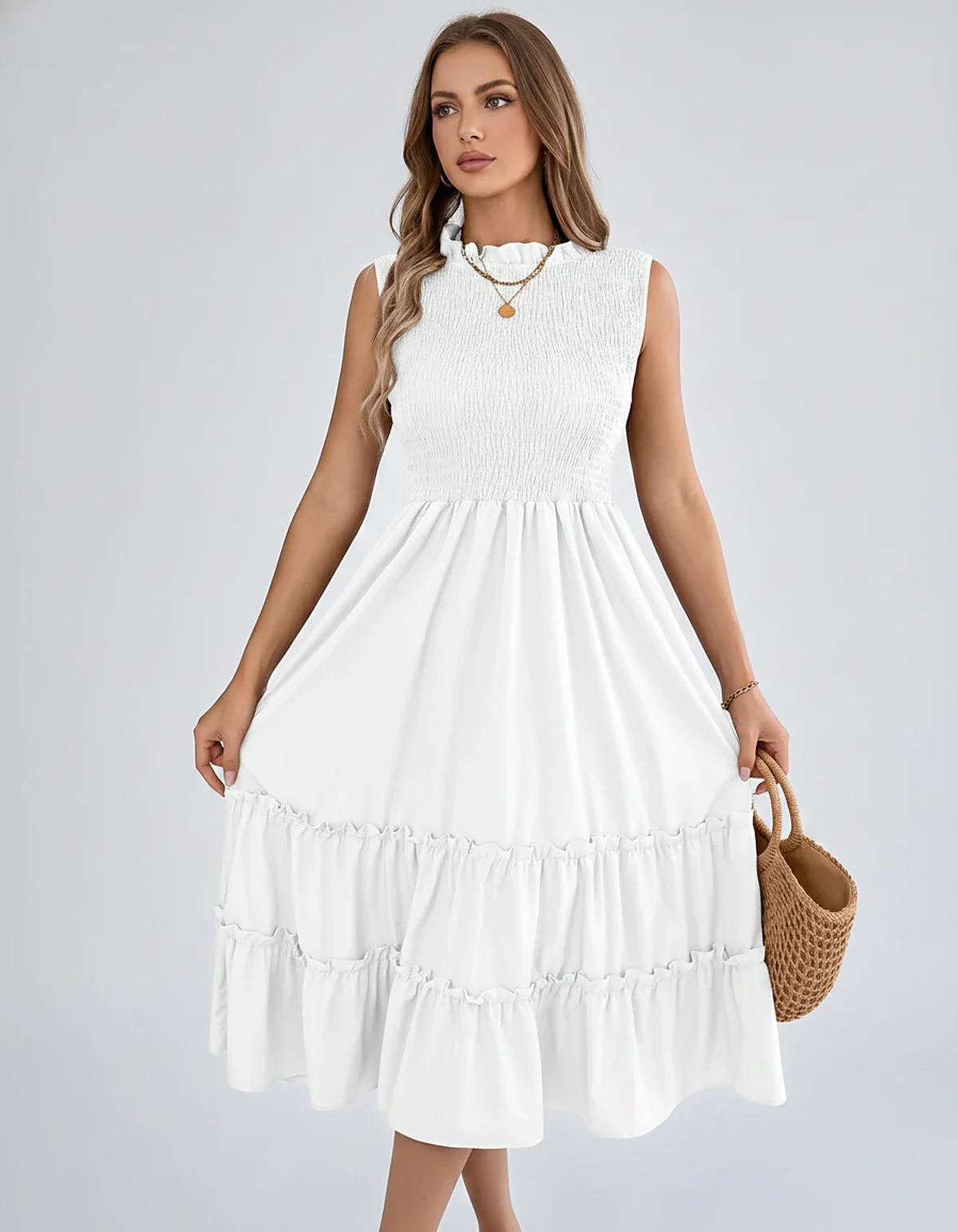 Polyester Blend Sleeveless O-Neck A-Line Midi Dress for Party, Cocktail, Evening, Wedding Guest, Vacation & Summer Events in 