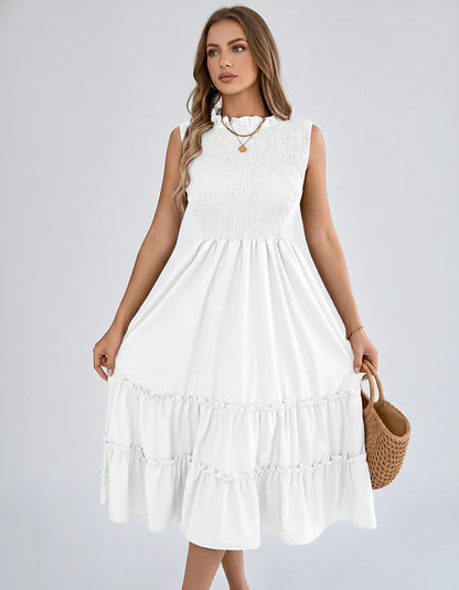 Polyester Blend Sleeveless O-Neck A-Line Midi Dress for Party, Cocktail, Evening, Wedding Guest, Vacation & Summer Events in 