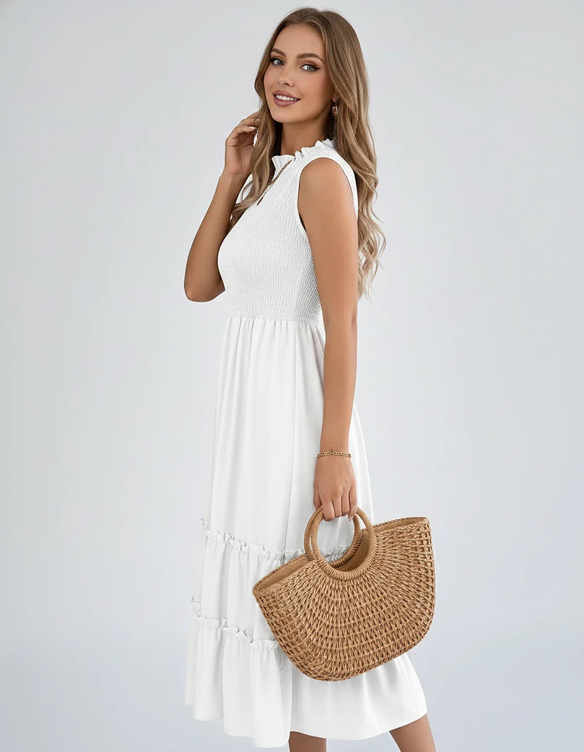 Polyester Blend Sleeveless O-Neck A-Line Midi Dress for Party, Cocktail, Evening, Wedding Guest, Vacation & Summer Events, si | SKU: SD-583947261840715-WHITE-L,SD-583947261840715-WHITE-M,SD-583947261840715-WHITE-S,SD-583947261840715-WHITE-XL,SD-583947261840715-WHITE-XS