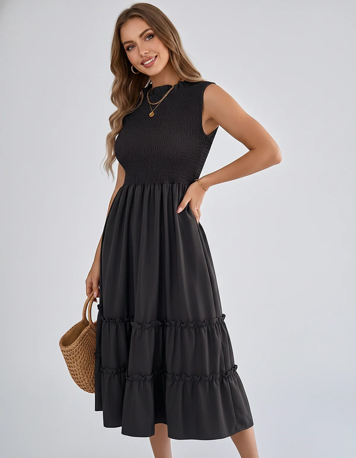 Polyester Blend Sleeveless O-Neck A-Line Midi Dress for Party, Cocktail, Evening, Wedding Guest, Vacation & Summer Events, fr | SKU: SD-583947261840715-BLACK-L,SD-583947261840715-BLACK-M,SD-583947261840715-BLACK-S,SD-583947261840715-BLACK-XL,SD-583947261840715-BLACK-XS