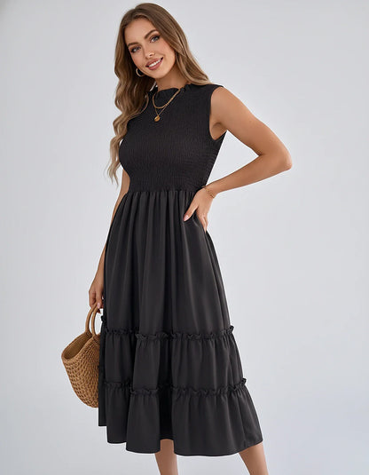 Polyester Blend Sleeveless O-Neck A-Line Midi Dress for Party, Cocktail, Evening, Wedding Guest, Vacation & Summer Events, fr | SKU: SD-583947261840715-BLACK-L,SD-583947261840715-BLACK-M,SD-583947261840715-BLACK-S,SD-583947261840715-BLACK-XL,SD-583947261840715-BLACK-XS