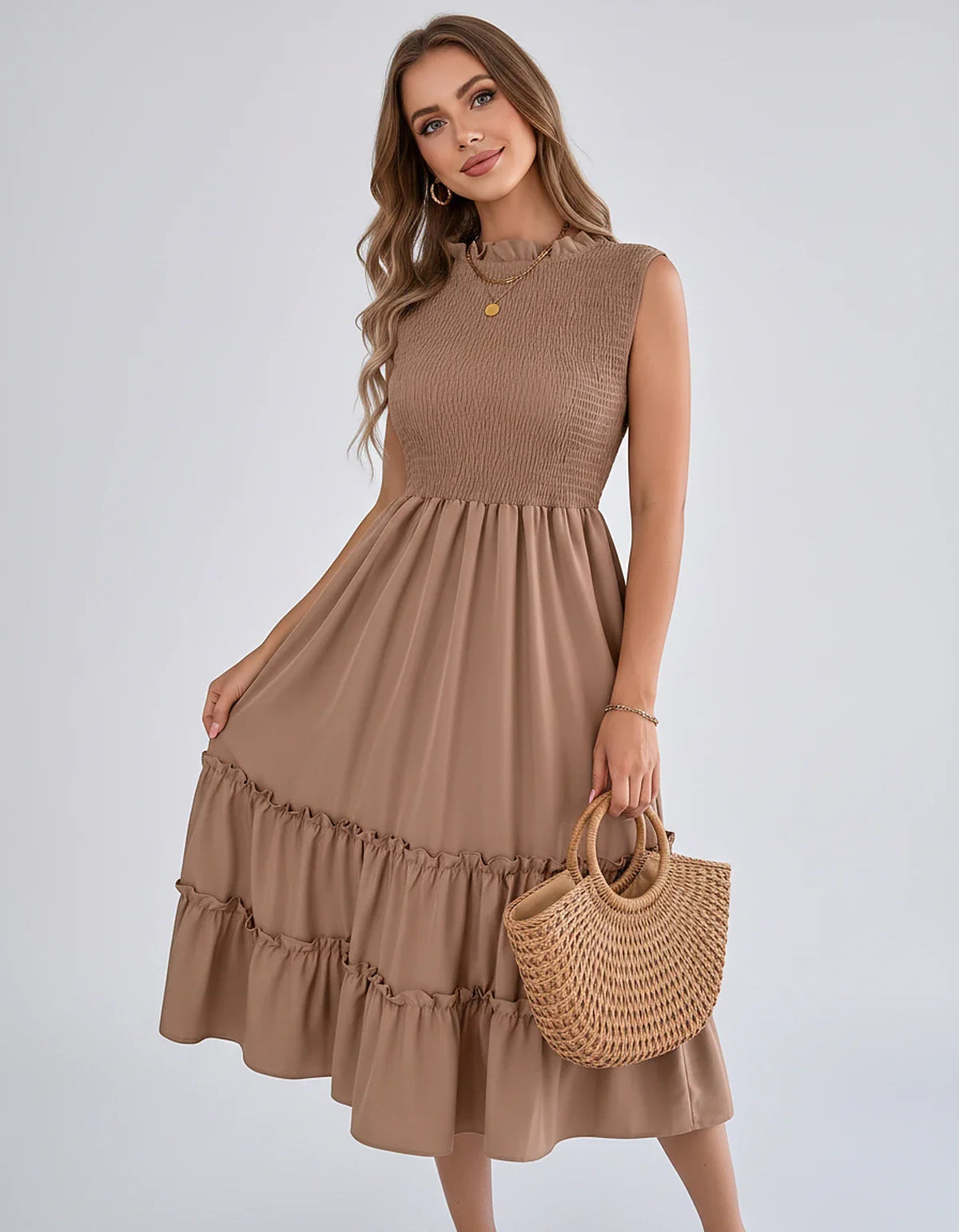 Polyester Blend Sleeveless O-Neck A-Line Midi Dress for Party, Cocktail, Evening, Wedding Guest, Vacation & Summer Events, fr | SKU: SD-583947261840715-Khaki-L,SD-583947261840715-Khaki-M,SD-583947261840715-Khaki-S,SD-583947261840715-Khaki-XL,SD-583947261840715-Khaki-XS