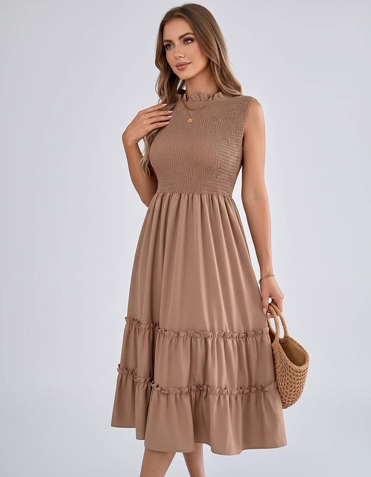 Polyester Blend Sleeveless O-Neck A-Line Midi Dress for Party, Cocktail, Evening, Wedding Guest, Vacation & Summer Events, fr | SKU: SD-583947261840715-Khaki-L,SD-583947261840715-Khaki-M,SD-583947261840715-Khaki-S,SD-583947261840715-Khaki-XL,SD-583947261840715-Khaki-XS