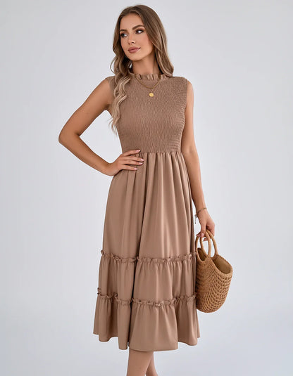 Polyester Blend Sleeveless O-Neck A-Line Midi Dress for Party, Cocktail, Evening, Wedding Guest, Vacation & Summer Events, fr | SKU: SD-583947261840715-Khaki-L,SD-583947261840715-Khaki-M,SD-583947261840715-Khaki-S,SD-583947261840715-Khaki-XL,SD-583947261840715-Khaki-XS