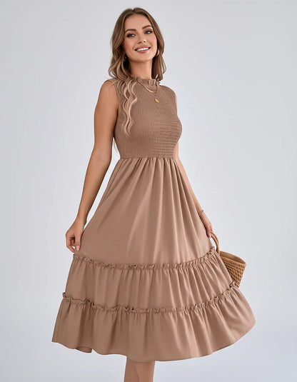 Polyester Blend Sleeveless O-Neck A-Line Midi Dress for Party, Cocktail, Evening, Wedding Guest, Vacation & Summer Events, fr | SKU: SD-583947261840715-Khaki-L,SD-583947261840715-Khaki-M,SD-583947261840715-Khaki-S,SD-583947261840715-Khaki-XL,SD-583947261840715-Khaki-XS