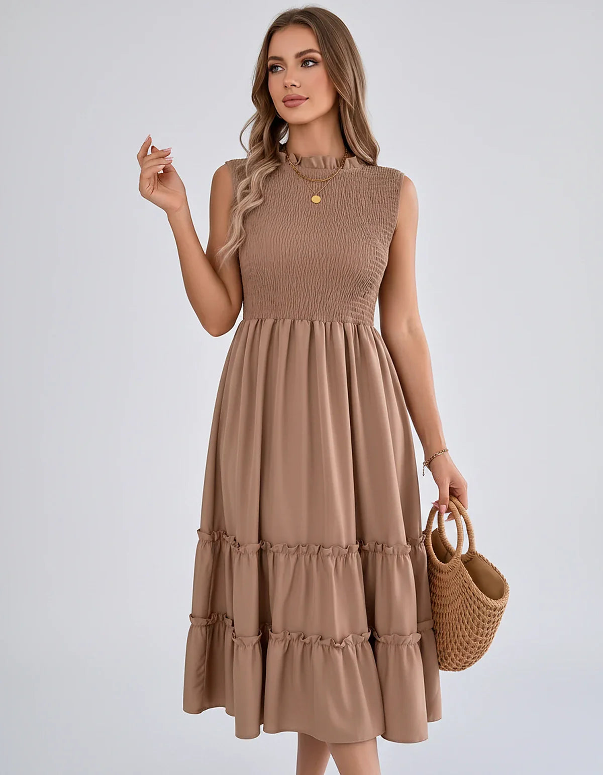 Polyester Blend Sleeveless O-Neck A-Line Midi Dress for Party, Cocktail, Evening, Wedding Guest, Vacation & Summer Events, fr | SKU: SD-583947261840715-Khaki-L,SD-583947261840715-Khaki-M,SD-583947261840715-Khaki-S,SD-583947261840715-Khaki-XL,SD-583947261840715-Khaki-XS