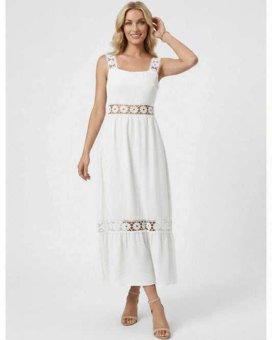 Seren Midi Dress with delicate lace insets, a timeless and elegant style by RAMBLION, perfect for spring and summer events.