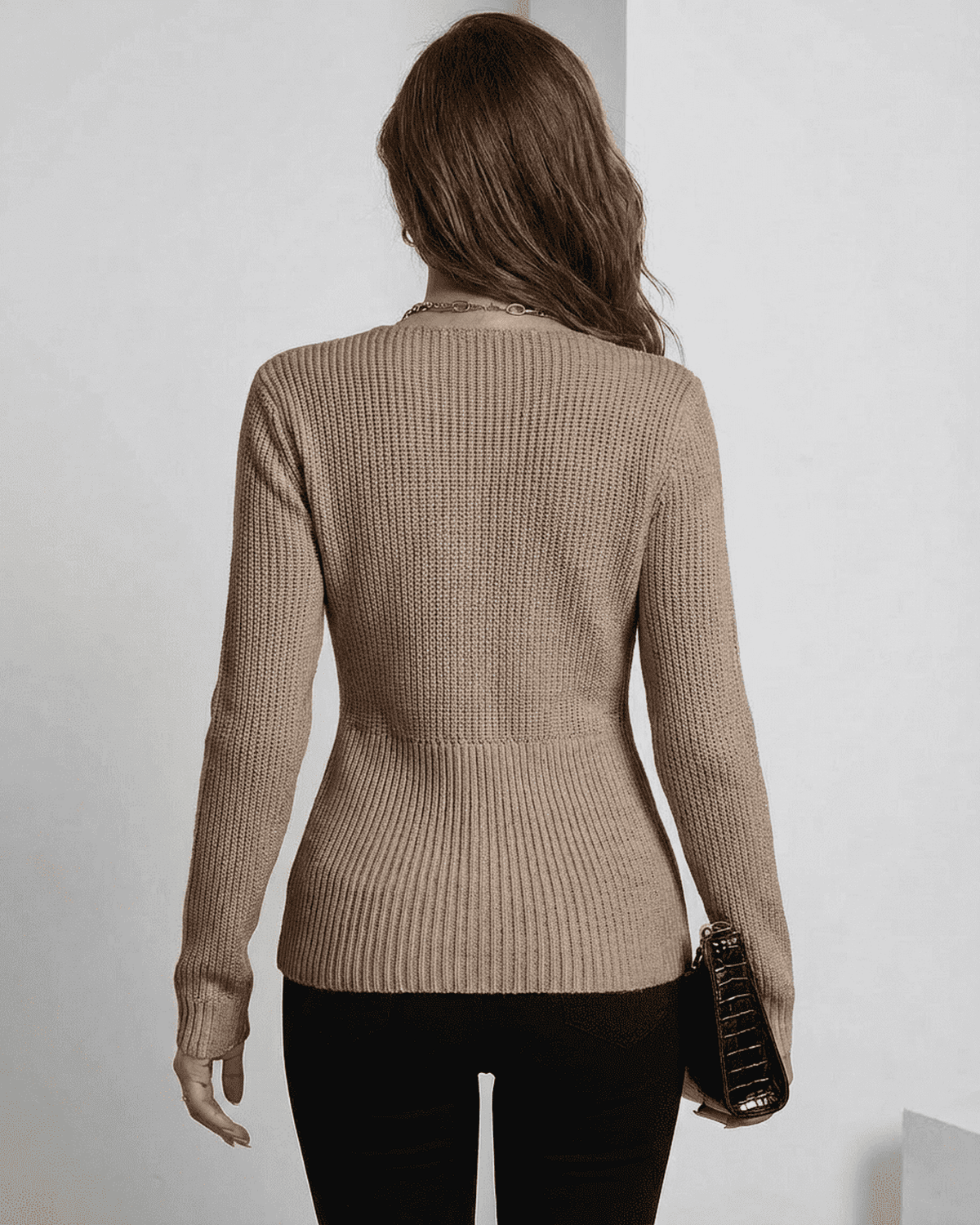 Xiva Pullover brown mini dress by RAMBLION, V neck design showcasing elegance and comfort for casual or office wear.