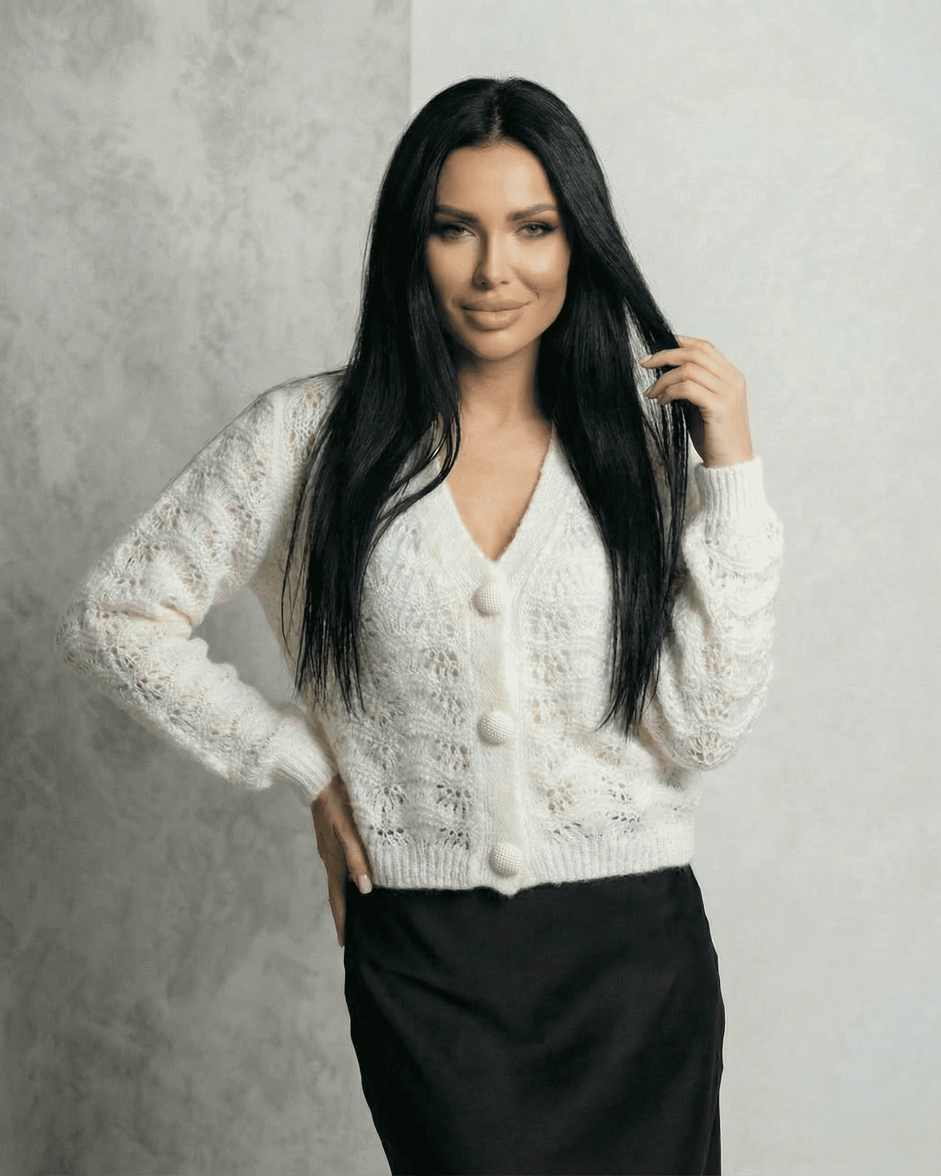 Serena Cardigan - Lace Knit V-Neck Button Front Cardigan by RAMBLION in white