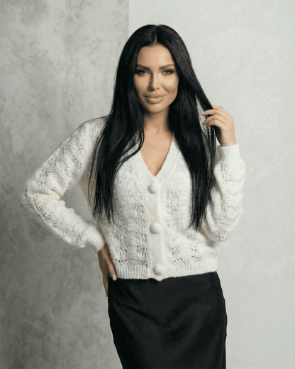 Serena Cardigan - Lace Knit V-Neck Button Front Cardigan by RAMBLION in white