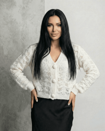 Serena Cardigan - Elegant lace knit V-neck button front cardigan by RAMBLION in white, featuring long sleeves.