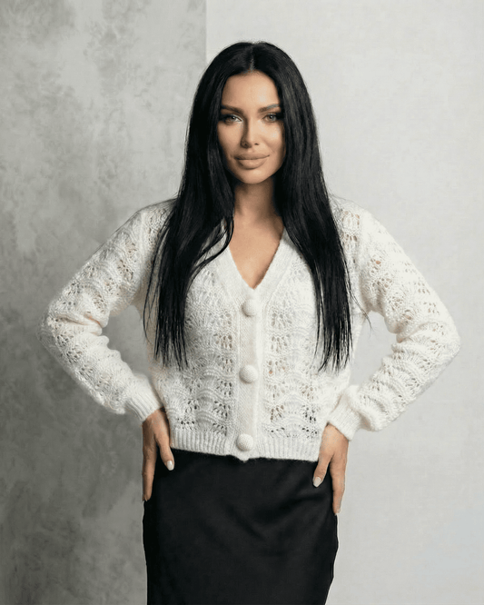 Serena Cardigan - Elegant lace knit V-neck button front cardigan by RAMBLION in white, featuring long sleeves.