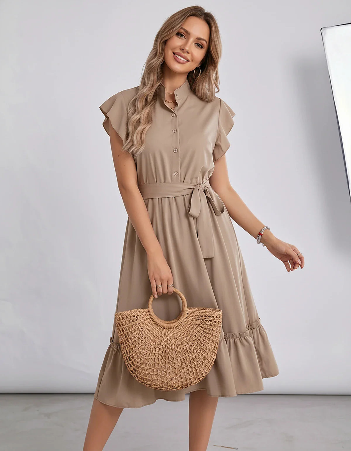 Polyester Blend Flutter Sleeve O-Neck A-Line Midi Dress for Party, Cocktail, Evening, Wedding Guest & Summer Events, front vi | SKU: SMD-868300258741963-KHAKI-L,SMD-868300258741963-KHAKI-M,SMD-868300258741963-KHAKI-S,SMD-868300258741963-KHAKI-XL,SMD-868300258741963-KHAKI-XS