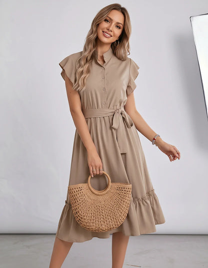 Polyester Blend Flutter Sleeve O-Neck A-Line Midi Dress for Party, Cocktail, Evening, Wedding Guest & Summer Events, front vi | SKU: SMD-868300258741963-KHAKI-L,SMD-868300258741963-KHAKI-M,SMD-868300258741963-KHAKI-S,SMD-868300258741963-KHAKI-XL,SMD-868300258741963-KHAKI-XS