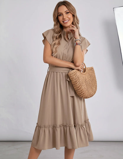 Polyester Blend Flutter Sleeve O-Neck A-Line Midi Dress for Party, Cocktail, Evening, Wedding Guest & Summer Events, front vi | SKU: SMD-868300258741963-KHAKI-L,SMD-868300258741963-KHAKI-M,SMD-868300258741963-KHAKI-S,SMD-868300258741963-KHAKI-XL,SMD-868300258741963-KHAKI-XS