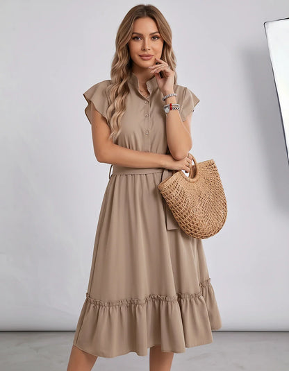 Polyester Blend Flutter Sleeve O-Neck A-Line Midi Dress for Party, Cocktail, Evening, Wedding Guest & Summer Events, front vi | SKU: SMD-868300258741963-KHAKI-L,SMD-868300258741963-KHAKI-M,SMD-868300258741963-KHAKI-S,SMD-868300258741963-KHAKI-XL,SMD-868300258741963-KHAKI-XS