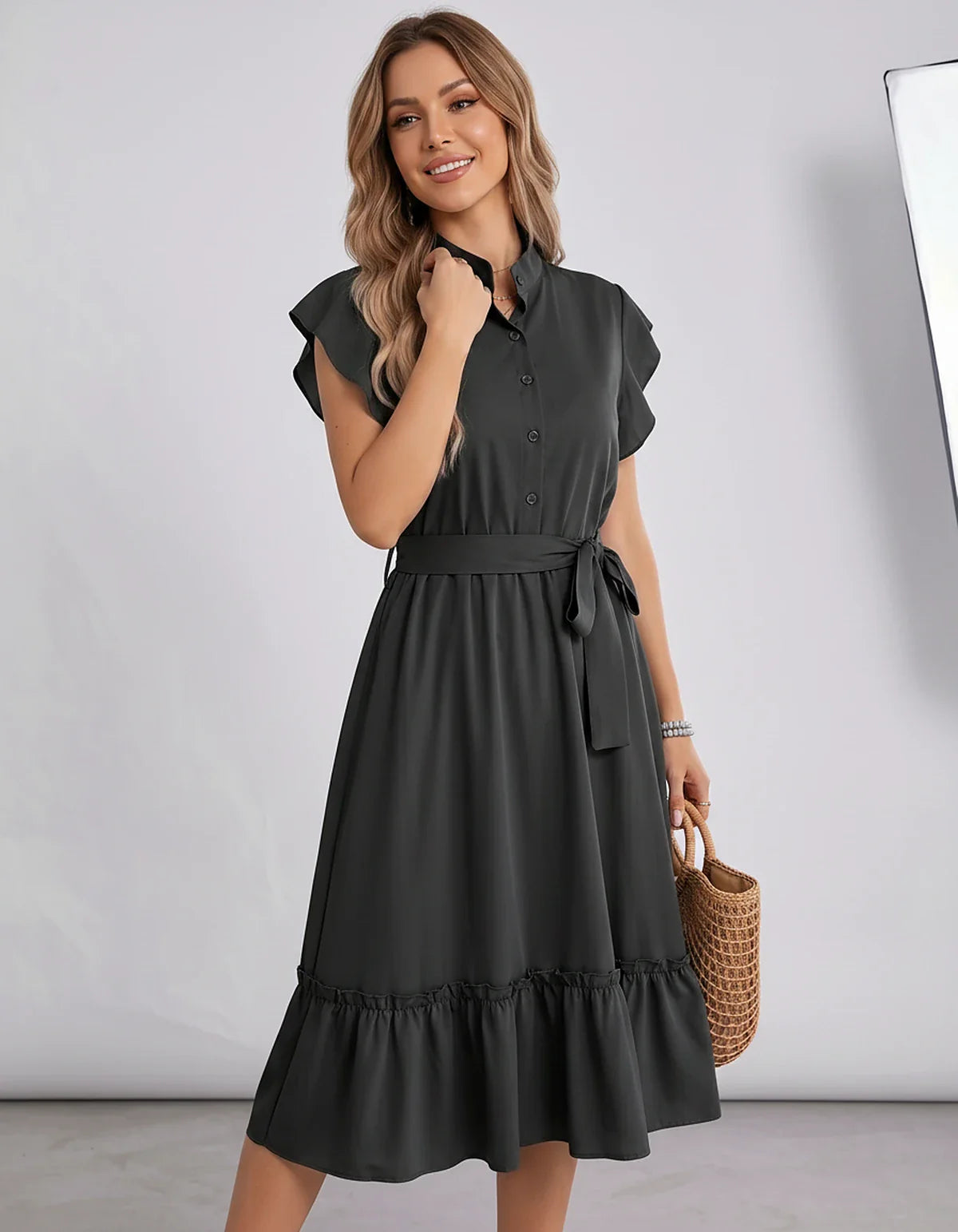 Polyester Blend Flutter Sleeve O-Neck A-Line Midi Dress for Party, Cocktail, Evening, Wedding Guest & Summer Events, front vi | SKU: SMD-868300258741963-BLACK-L,SMD-868300258741963-BLACK-M,SMD-868300258741963-BLACK-S,SMD-868300258741963-BLACK-XL,SMD-868300258741963-BLACK-XS