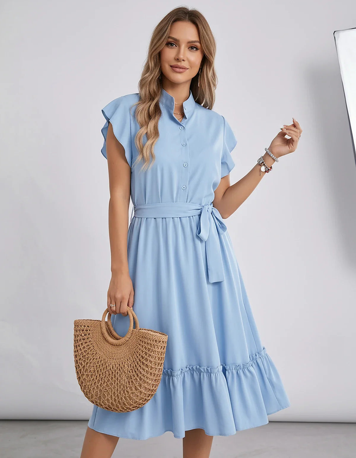 Polyester Blend Flutter Sleeve O-Neck A-Line Midi Dress for Party, Cocktail, Evening, Wedding Guest & Summer Events, front vi | SKU: SMD-868300258741963-BLUE-L,SMD-868300258741963-BLUE-M,SMD-868300258741963-BLUE-S,SMD-868300258741963-BLUE-XL,SMD-868300258741963-BLUE-XS