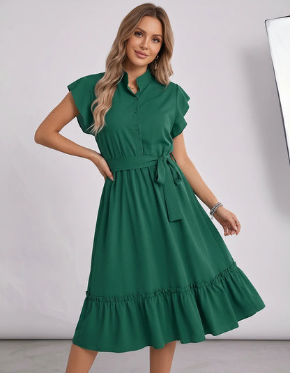 Polyester Blend Flutter Sleeve O-Neck A-Line Midi Dress for Party, Cocktail, Evening, Wedding Guest & Summer Events, front vi | SKU: SMD-868300258741963-GREEN-L,SMD-868300258741963-GREEN-M,SMD-868300258741963-GREEN-S,SMD-868300258741963-GREEN-XL,SMD-868300258741963-GREEN-XS