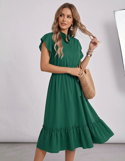 Polyester Blend Flutter Sleeve O-Neck A-Line Midi Dress for Party, Cocktail, Evening, Wedding Guest & Summer Events, front vi | SKU: SMD-868300258741963-GREEN-L,SMD-868300258741963-GREEN-M,SMD-868300258741963-GREEN-S,SMD-868300258741963-GREEN-XL,SMD-868300258741963-GREEN-XS