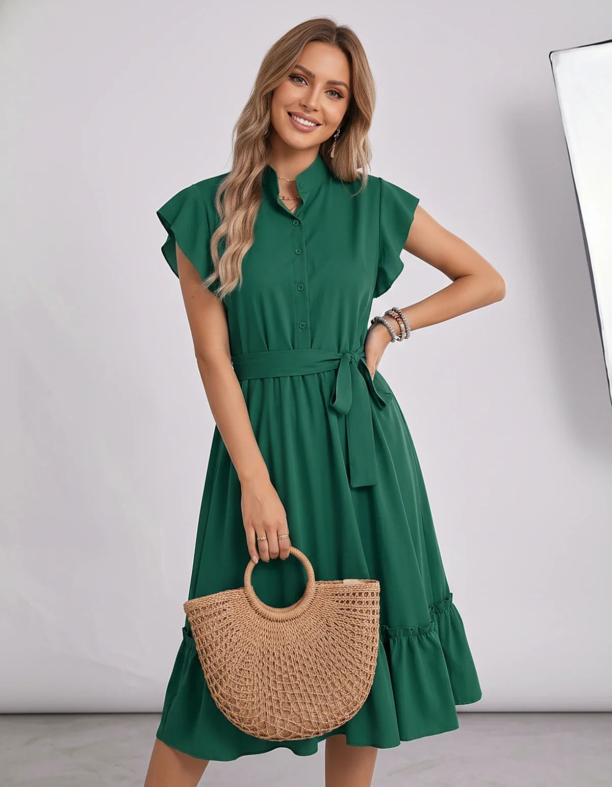 Polyester Blend Flutter Sleeve O-Neck A-Line Midi Dress for Party, Cocktail, Evening, Wedding Guest & Summer Events, front vi | SKU: SMD-868300258741963-GREEN-L,SMD-868300258741963-GREEN-M,SMD-868300258741963-GREEN-S,SMD-868300258741963-GREEN-XL,SMD-868300258741963-GREEN-XS