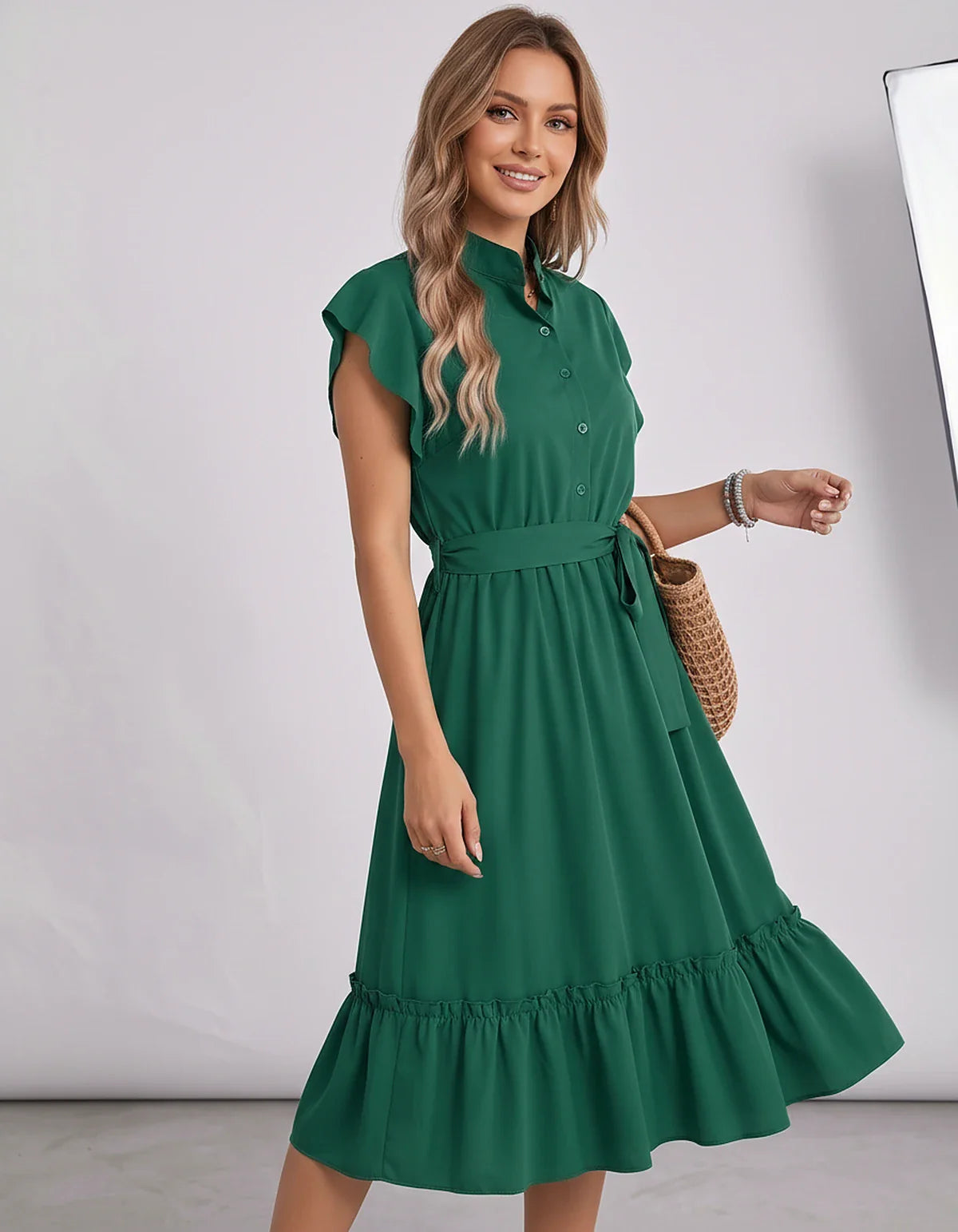 Polyester Blend Flutter Sleeve O-Neck A-Line Midi Dress for Party, Cocktail, Evening, Wedding Guest & Summer Events, side vie | SKU: SMD-868300258741963-GREEN-L,SMD-868300258741963-GREEN-M,SMD-868300258741963-GREEN-S,SMD-868300258741963-GREEN-XL,SMD-868300258741963-GREEN-XS