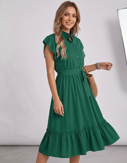 Polyester Blend Flutter Sleeve O-Neck A-Line Midi Dress for Party, Cocktail, Evening, Wedding Guest & Summer Events, side vie | SKU: SMD-868300258741963-GREEN-L,SMD-868300258741963-GREEN-M,SMD-868300258741963-GREEN-S,SMD-868300258741963-GREEN-XL,SMD-868300258741963-GREEN-XS