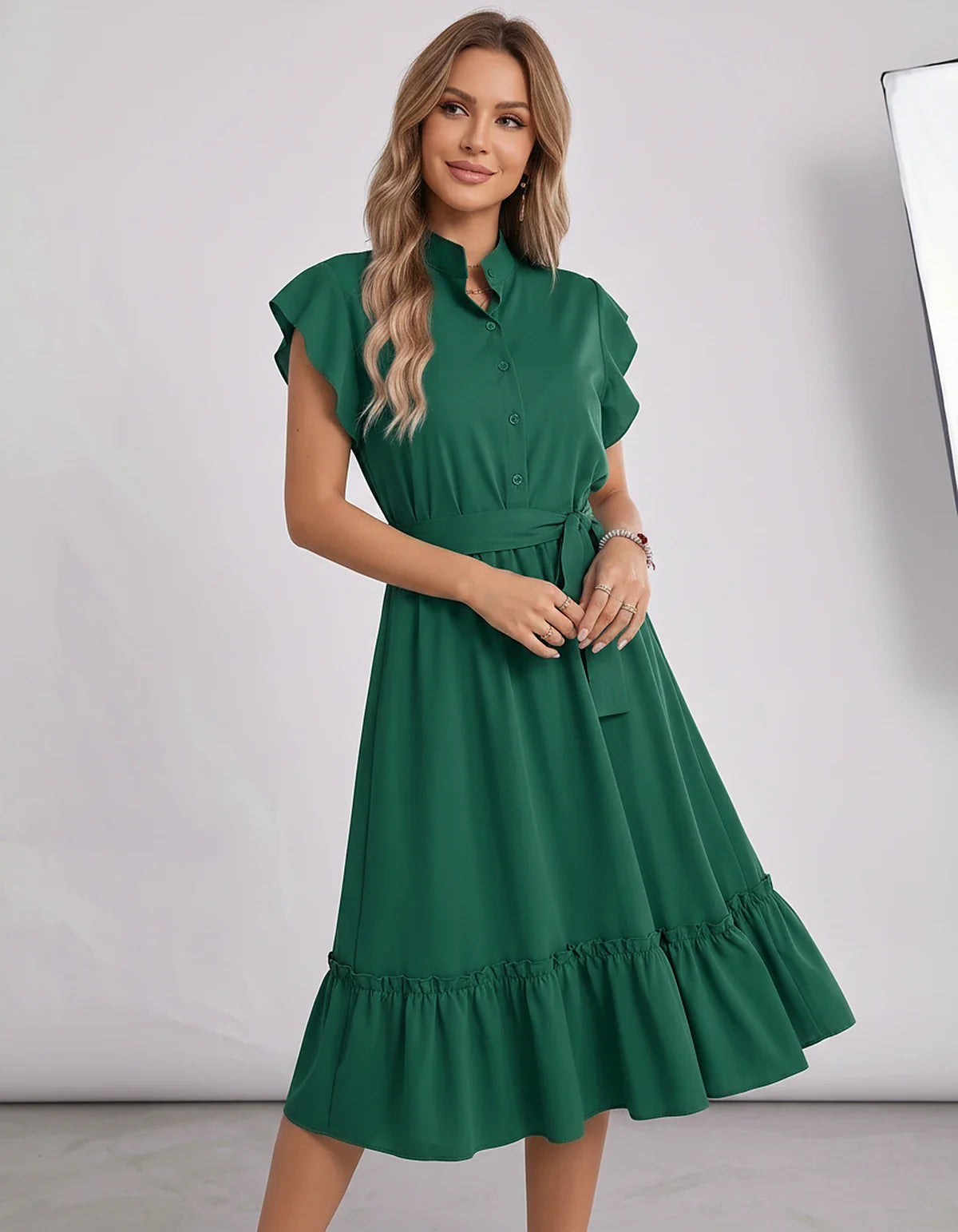 Polyester Blend Flutter Sleeve O-Neck A-Line Midi Dress for Party, Cocktail, Evening, Wedding Guest & Summer Events, front vi | SKU: SMD-868300258741963-GREEN-L,SMD-868300258741963-GREEN-M,SMD-868300258741963-GREEN-S,SMD-868300258741963-GREEN-XL,SMD-868300258741963-GREEN-XS