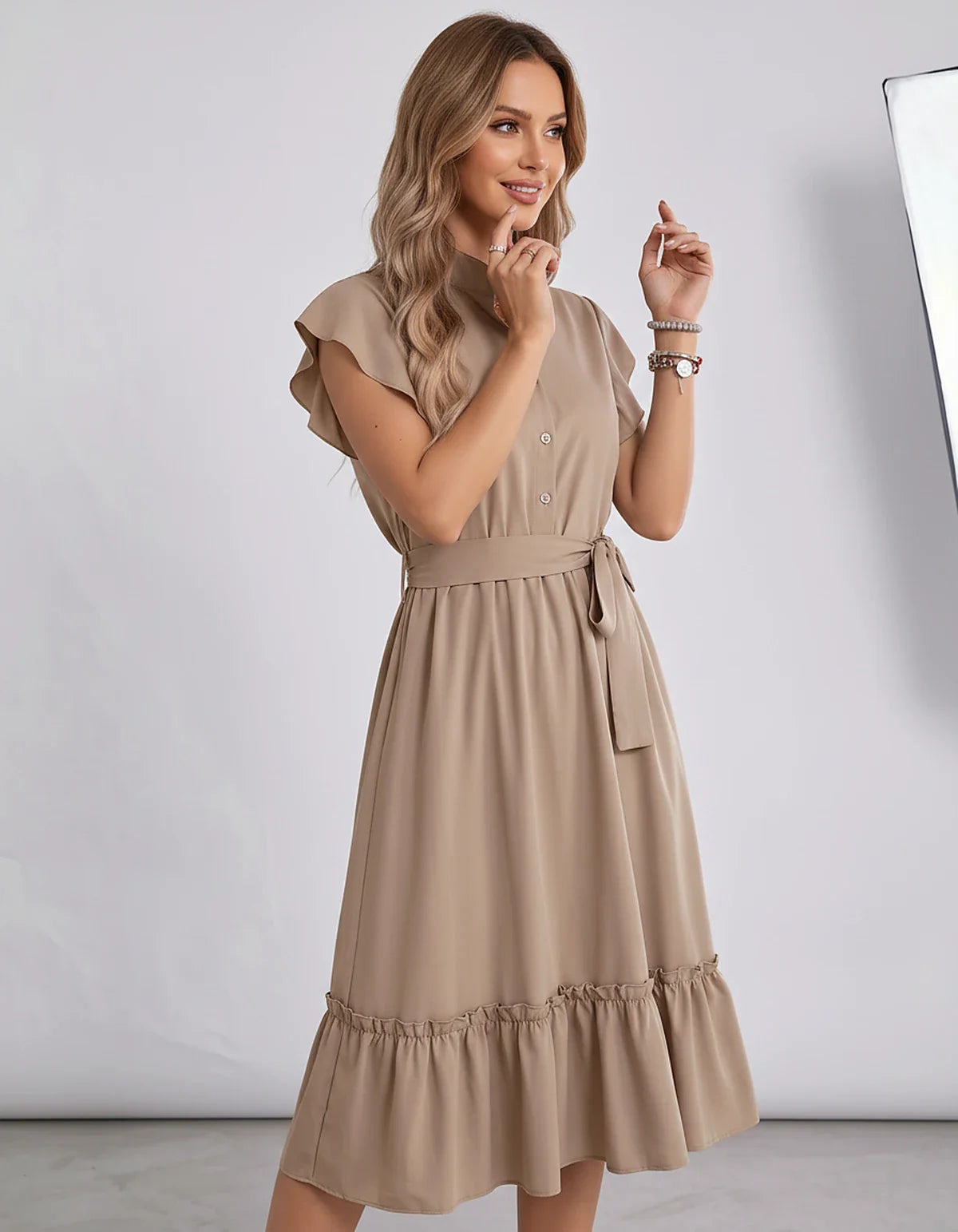 Polyester Blend Flutter Sleeve O-Neck A-Line Midi Dress for Party, Cocktail, Evening, Wedding Guest & Summer Events, side vie | SKU: SMD-868300258741963-KHAKI-L,SMD-868300258741963-KHAKI-M,SMD-868300258741963-KHAKI-S,SMD-868300258741963-KHAKI-XL,SMD-868300258741963-KHAKI-XS