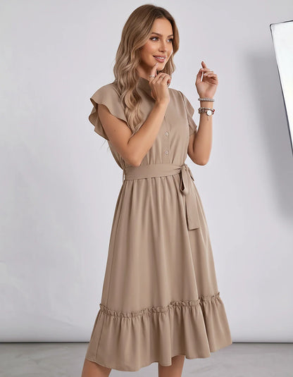 Polyester Blend Flutter Sleeve O-Neck A-Line Midi Dress for Party, Cocktail, Evening, Wedding Guest & Summer Events, side vie | SKU: SMD-868300258741963-KHAKI-L,SMD-868300258741963-KHAKI-M,SMD-868300258741963-KHAKI-S,SMD-868300258741963-KHAKI-XL,SMD-868300258741963-KHAKI-XS