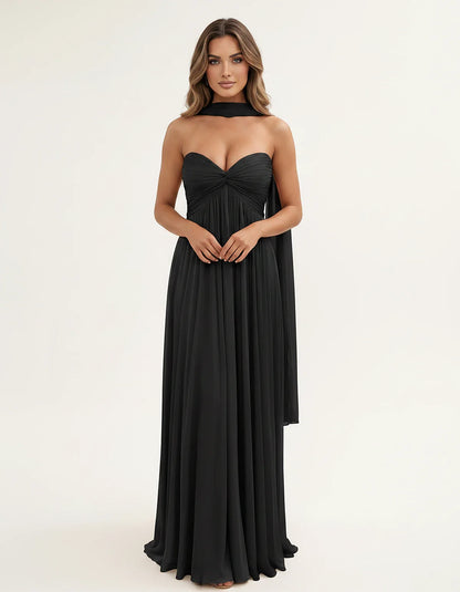 Chiffon Strapless Sweetheart Choker Draped Straight Maxi Dress for Party, Cocktail, Evening, Wedding Guest, Formal Events & S | SKU: CHD-739184620583917-BLACK-L,CHD-739184620583917-BLACK-M,CHD-739184620583917-BLACK-S,CHD-739184620583917-BLACK-XL,CHD-739184620583917-BLACK-XS